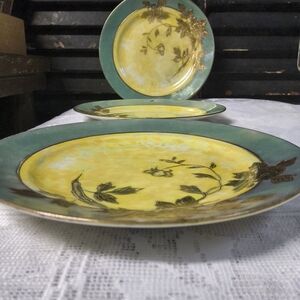 3 vintage Japanese porcelain plates teal gilded lustreware moriage floral design